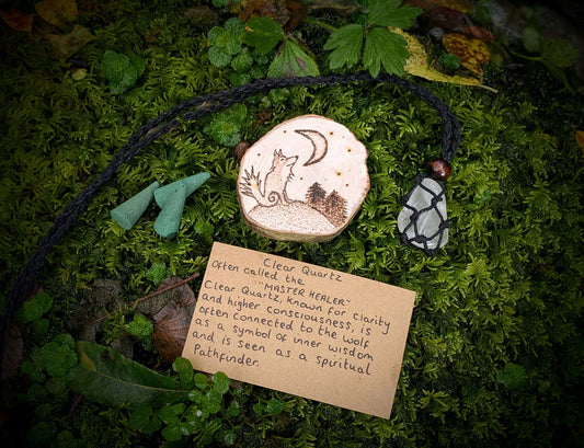 Our Clear Quartz Nature Grounding Set, with Wolf Woodburning Pyrography