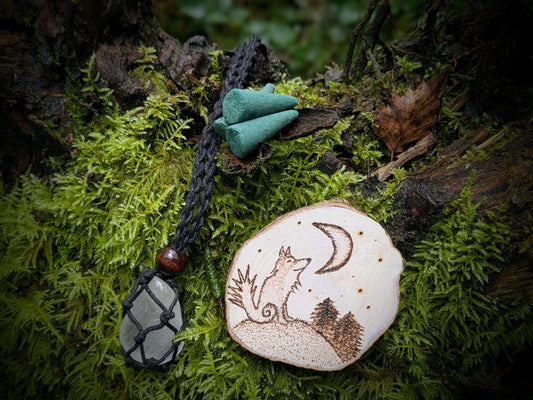 Our Clear Quartz Nature Grounding Set, with Wolf Woodburning Pyrography