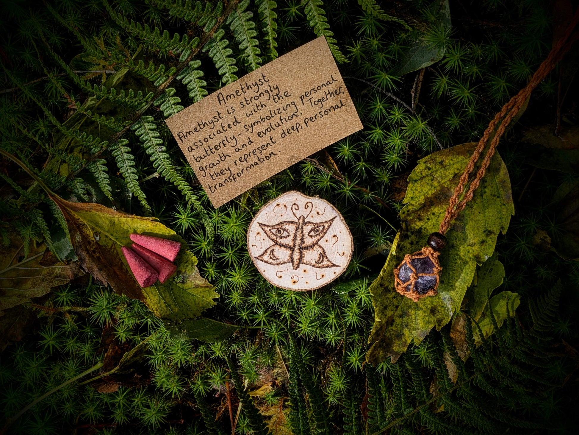 Our Amethyst Nature Grounding Set, with Butterfly Woodburning Pyrography