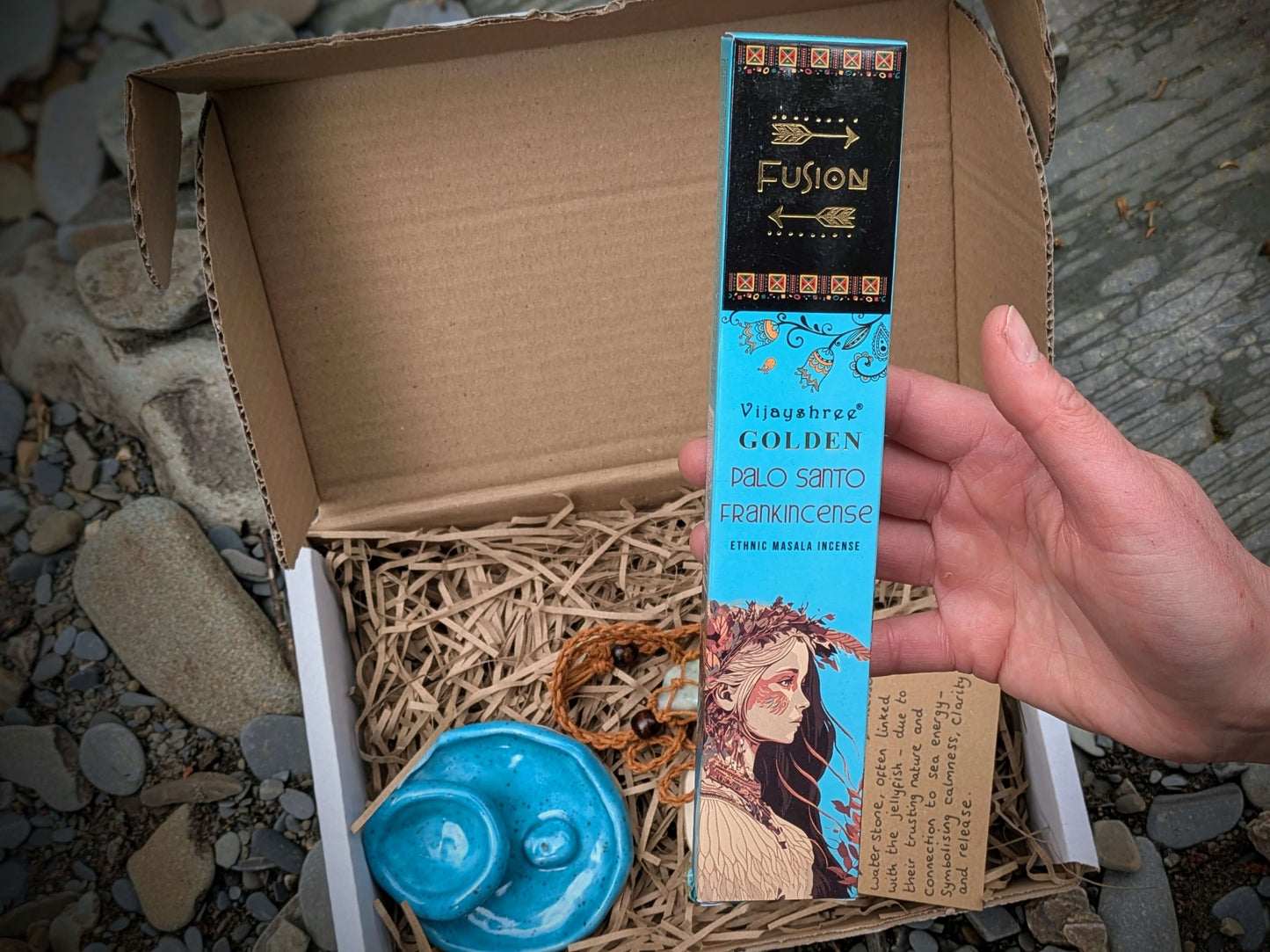 Calm Flow grounding set with crystals, incense, and ritual items for relaxation and grounding energy