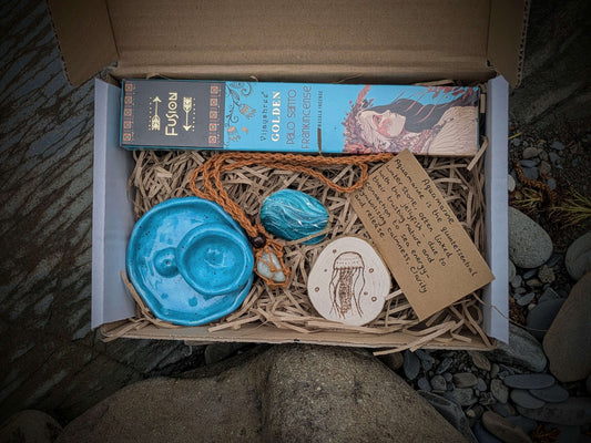 Calm Flow grounding set with crystals, incense, and ritual items for relaxation and grounding energy