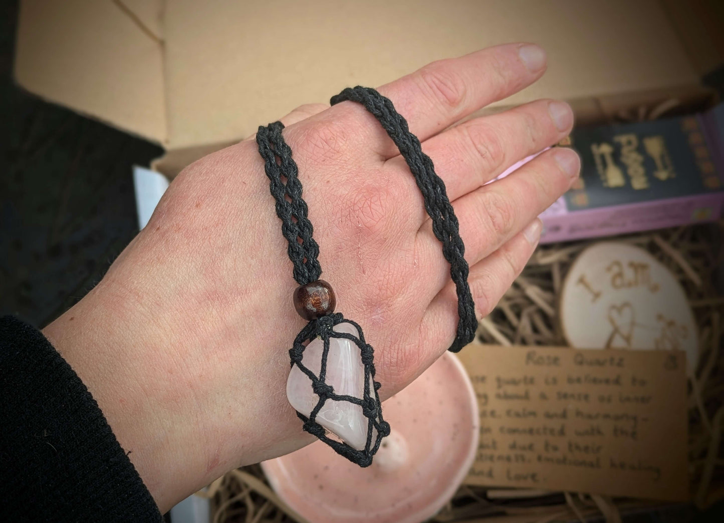 Close-up of ethically sourced crystal necklace 