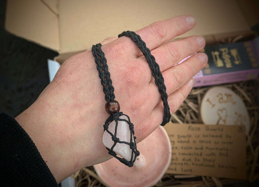 Close-up of ethically sourced crystal necklace 