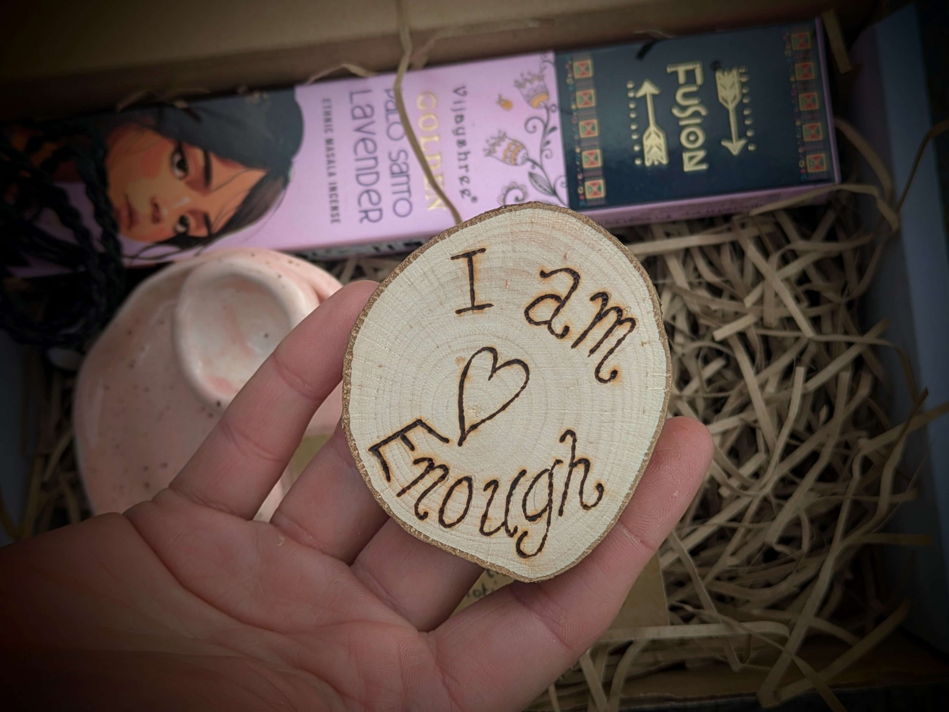 Close-up of ethically sourced wooden disc