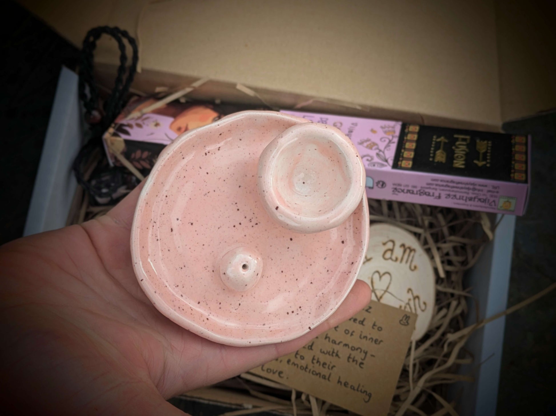 Close-up of ethically sourced incense holder
