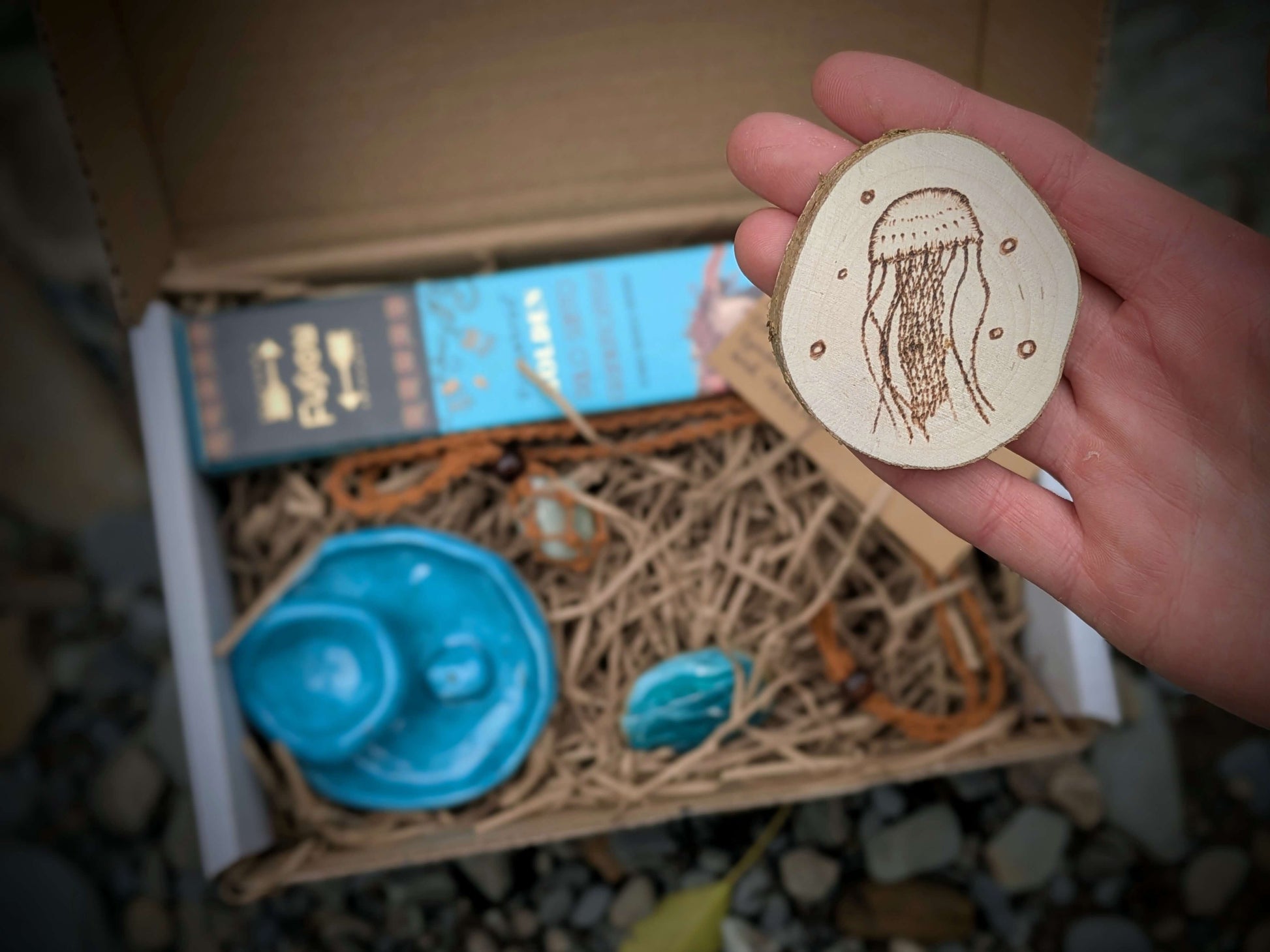 Calm Flow grounding set with crystals, incense, and ritual items for relaxation and grounding energy