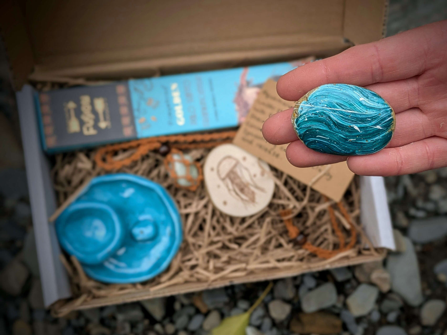 Calm Flow grounding set with crystals, incense, and ritual items for relaxation and grounding energy