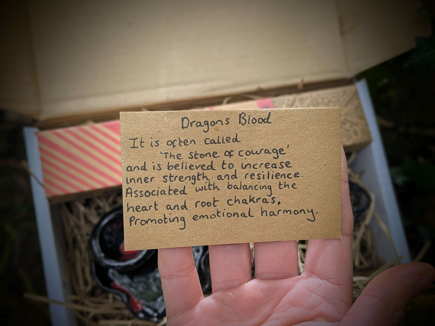 A spiritual wellness item featuring Dragon’s Blood-themed grounding set with crystal-inspired imagery, incense, and ritual accessories in a warm, earthy aesthetic.