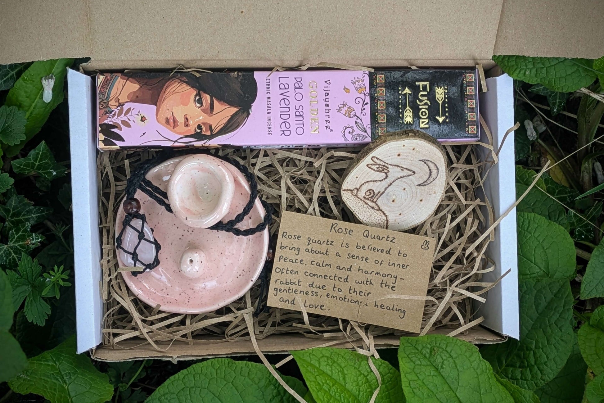 Self love grounding gift box with crystal necklace, incense sticks, and handmade wood-burned artwork