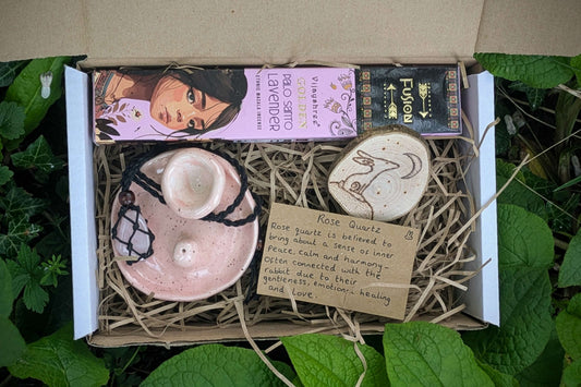 Self love grounding gift box with crystal necklace, incense sticks, and handmade wood-burned artwork